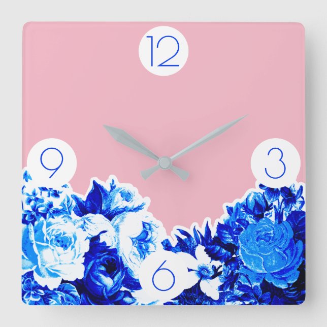 Trendy Cobalt Blue Flowers & Blush Pink Quadratische Wanduhr (Vorderseite)