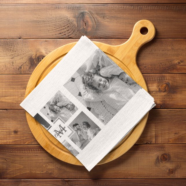 Trendy Collage Family Foto Black & White Initial Geschirrtuch (Von Creator hochgeladen)