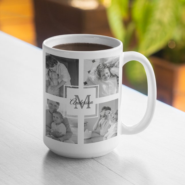 Trendy Collage Family Foto Black & White Initial Kaffeetasse (Von Creator hochgeladen)