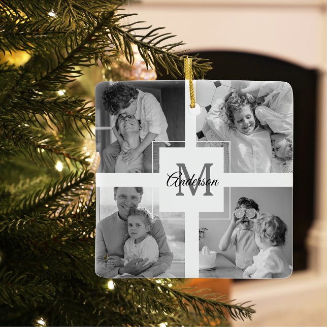 Trendy Collage Family Foto Black & White Initial Keramikornament (Von Creator hochgeladen)