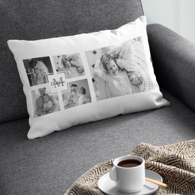 Trendy Collage Family Foto Black & White Initial Lendenkissen (Von Creator hochgeladen)