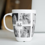 Trendy Collage Family Foto Black & White Initial Milchtasse<br><div class="desc">Das Foto Black & White der 5-Familien-Kollektion präsentiert sich mit Initial im Zentrum. Diese personalisierte und stilvolle Collage ist der ideale Weg, um die liebevoll gepflegten Erinnerungen Ihrer Familie auf moderne und elegante Weise zu präsentieren. Mit einem eleganten Schwarz-Weiß-Farbschema können Sie mit dieser Collage vier Ihrer beliebtesten Fotos aus der...</div>