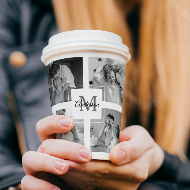 Trendy Collage Family Foto Black & White Initial Pappbecher (Von Creator hochgeladen)