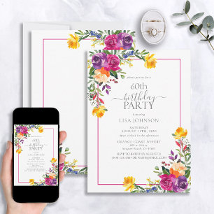 Trendy Colorful Floral Typografie 60. Geburtstag Einladung