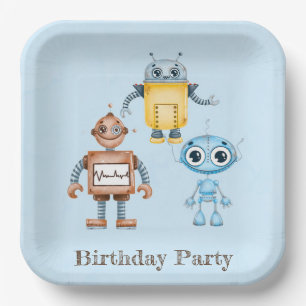 Trendy Colorful Robots Boy Birthday Party Pappteller