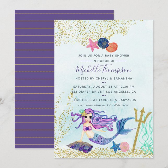 Trendy Colorways Mermaid Kinderdusche Einladung (Vorne/Hinten)