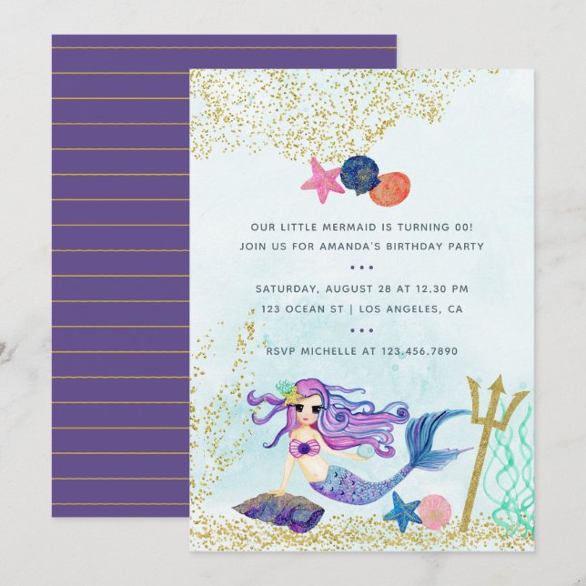 Trendy Colorways Mermaid themed Birthday Party Einladung (Vorne/Hinten)