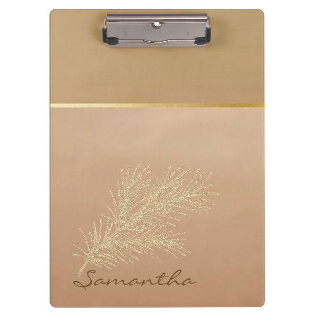 Trendy Cool Gold Glitzer Feather - Personalisiert Klemmbrett (Vorderseite)