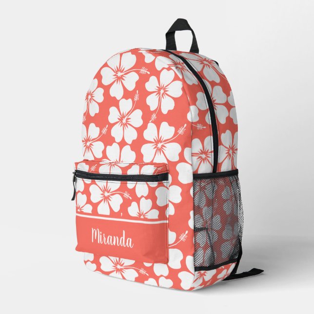 Trendy Coral Hibiskus Pattern Bedruckter Rucksack (Rückseitige Ecke Rechts)