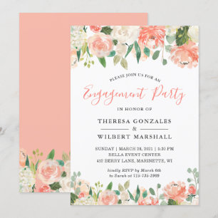 Trendy Coral Peach Floral Engagement Party Einladung