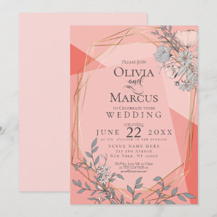 Trendy Coral Wedding Floral Geometric Goldrahmen Einladung