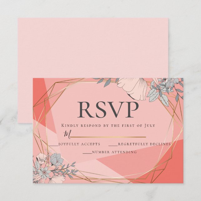 Trendy Coral Wedding RSVP Floral Gold Frame Einladung (Vorne/Hinten)