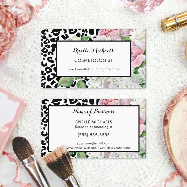 Trendy Cosmetologin Leopard Print Pink Floral Visitenkarte (Trendy Cosmetologist Leopard Print Pink Floral Business Cards)