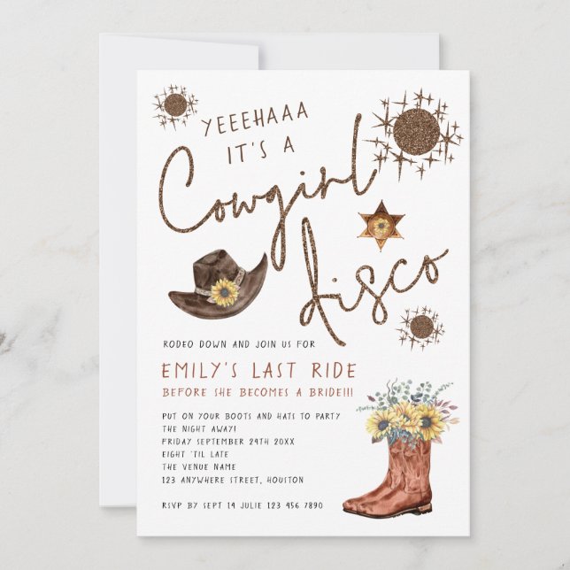 Trendy Cowgirl Disco Glitzer Junggeselinnen-Abschi Einladung (Vorderseite)