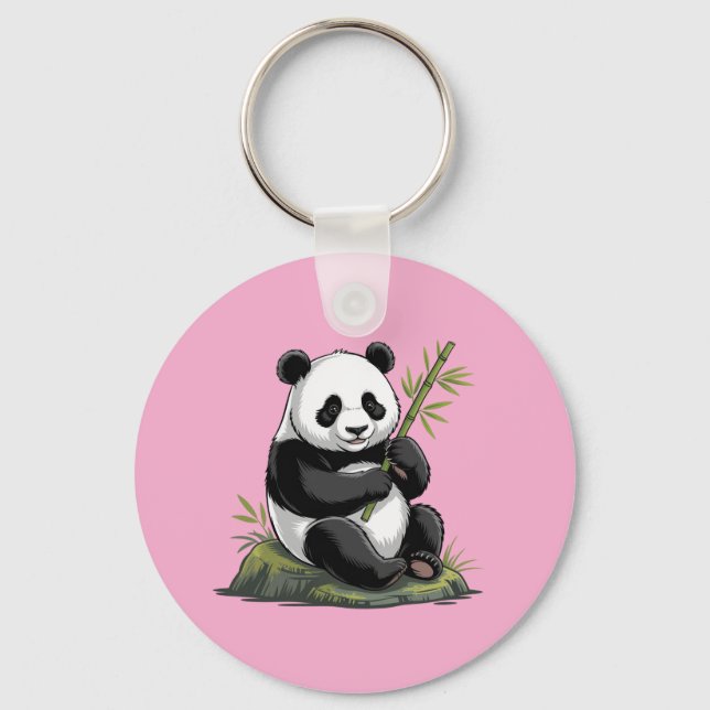 Trendy Cute Panda Bear With Greenery Bamboo Pink Schlüsselanhänger (Vorderseite)