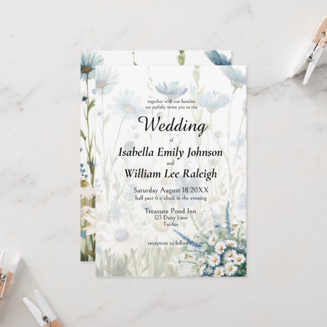 Trendy Daisies & Faded Denim Country Wedding Einladung (Vorderseite/Rückseite Beispiel)