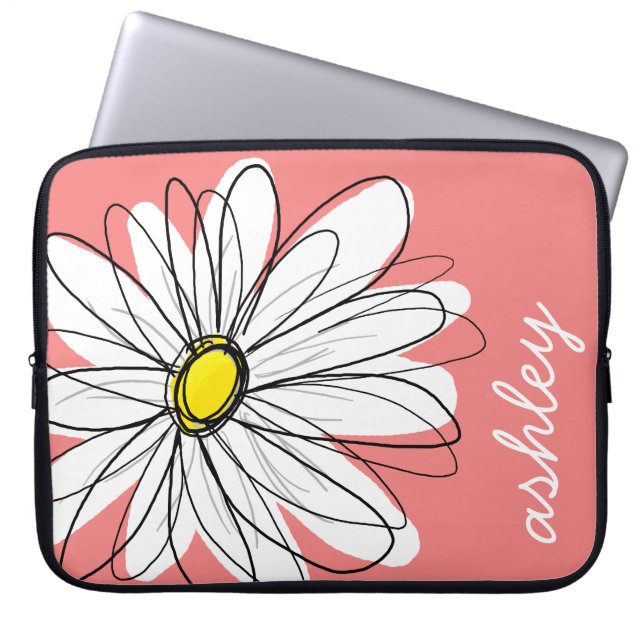 Trendy Daisy Floral Illustration - Korallen & Gelb Laptopschutzhülle (Vorderseite)