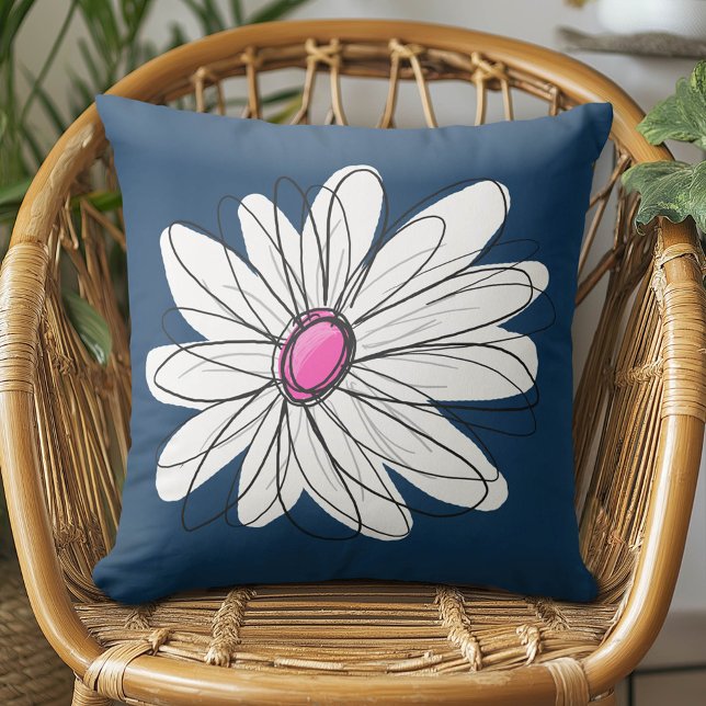 Trendy Daisy Floral Illustration - Marine und Rosa Kissen (Daisy Pillow)