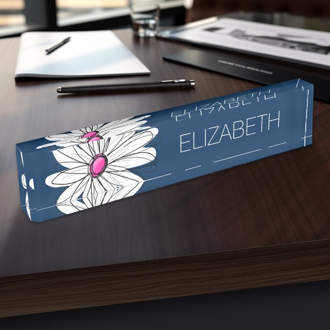 Trendy Daisy Floral Illustration - Marine und Rosa Namensplakette (Personalized Name Plate for the Office, School or Home)