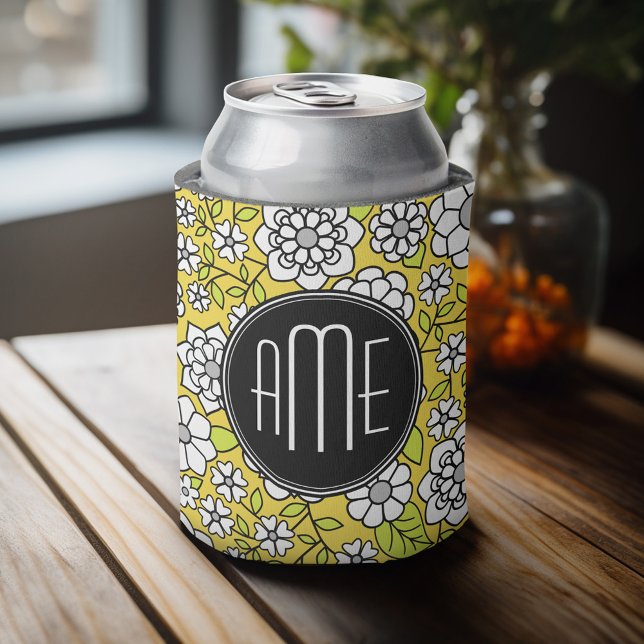 Trendy Daisy Floral Illustration - schwarz & gelb Dosenkühler (Personalized can cooler with a place to add a name or other custom text)