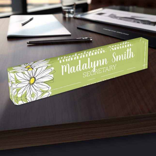 Trendy Daisy - lime and yellow - name and title Namensplakette (Personalized Name Plate for the Office, School or Home)