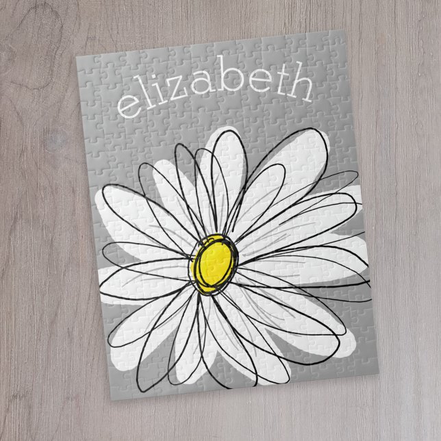 Trendy Daisy mit grau und gelb (Cute whimsical daisy personalized puzzle)