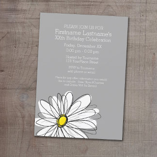 Trendy Daisy mit graugelber Geburtstagsparty Einladung