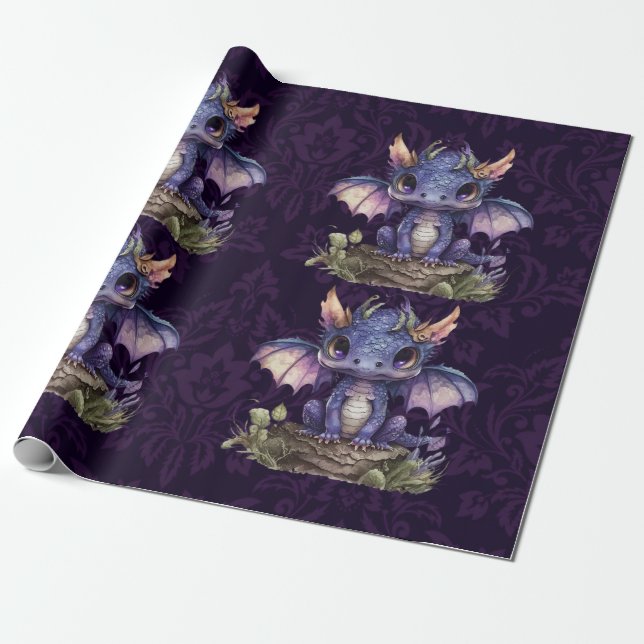 Trendy Damask Lila Dragon Girl Boy Babydusche Geschenkpapier (Ungerollt)