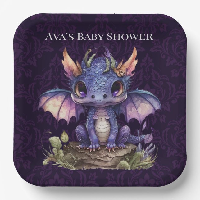 Trendy Damask Lila Dragon Girl Boy Babydusche Pappteller (Vorderseite)