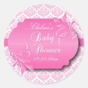Trendy Damask und Pink für eine Babydusche Runder Aufkleber