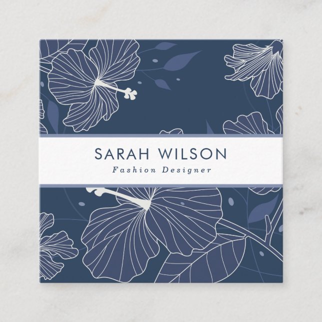 Trendy Dark Blue White Hibiskus Blume QR Code Quadratische Visitenkarte (Vorderseite)