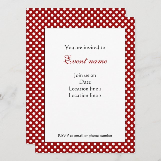 Trendy Dark Red and White polka dots Einladung (Vorne/Hinten)
