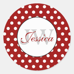 Trendy Dark Red and White polka dots Monogram Runder Aufkleber