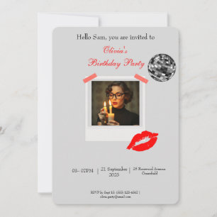Trendy Disco Polaroid Rahmen mit Red Lips Geburtst Einladung