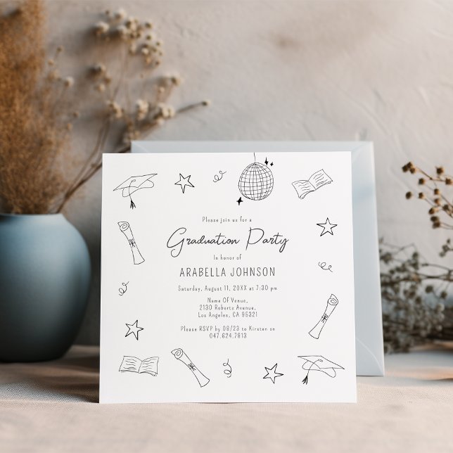 Trendy Doodle Graduation Party Feiertagskarte (Von Creator hochgeladen)