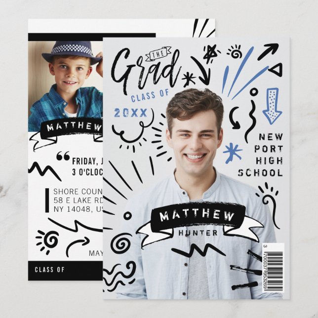 Trendy Doodle Sketch Magazine Cover Boy Grad Party Einladung (Vorne/Hinten)