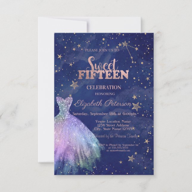 Trendy Dress Stars Navy Blue Holographic Sweet 15 Einladung (Vorderseite)