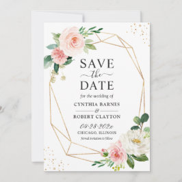 Trendy Dusty Blue Blush Pink Floral Gold Geometric Save The Date
