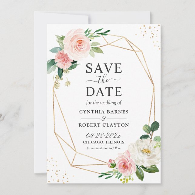 Trendy Dusty Blue Blush Pink Floral Gold Geometric Save The Date (Vorderseite)
