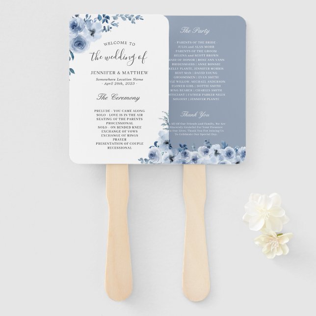 Trendy Dusty Blue Bohemisch Floral Wedding Program Fächer (Vorne und Hinten)