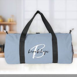 Trendy Dusty Blue Schwarz-weiß Script Monogram Duffle Bag