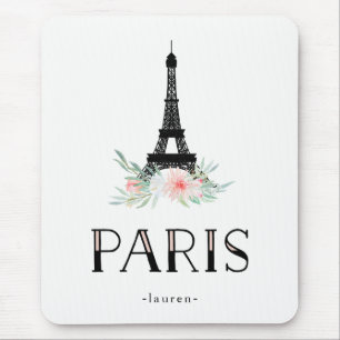 Trendy Eiffel-Turm und erröten rosa Blumen Paris Mousepad