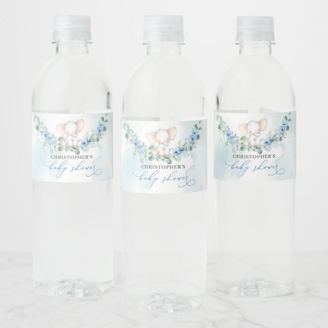 Trendy Elefant Blue Bloral Eukalyptus Baby Dusche (Flaschen)