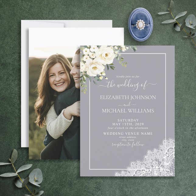 Trendy Elegant Gray Rustic Script Foto Wedding Einladung (Von Creator hochgeladen)