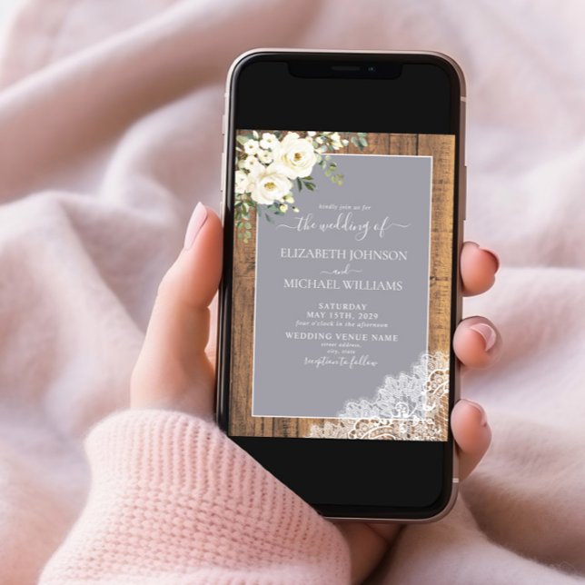 Trendy Elegant Gray Rustic Wood Script Wedding Inv Einladung (Von Creator hochgeladen)