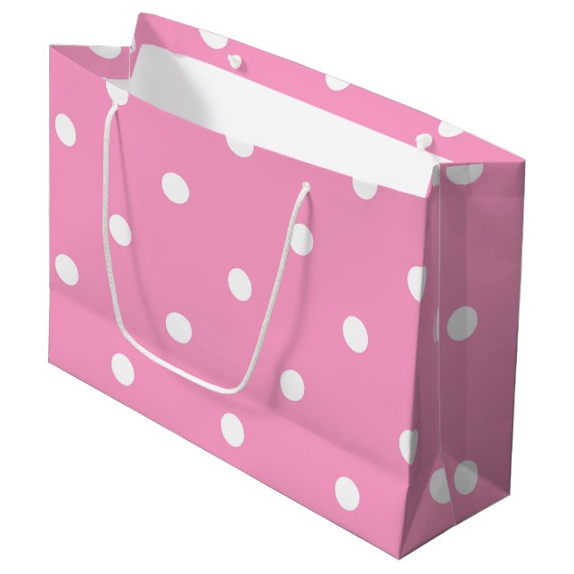 Trendy Elegant Pink White Polka Dots Template Große Geschenktüte (Vorderseite Schrägansicht)