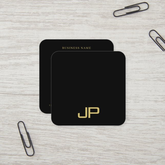 Trendy Elegant Template Monogram Black And Gold Quadratische Visitenkarte (Vorderseite/Rückseite Beispiel)