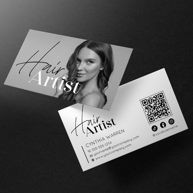 Trendy Elegant White Hairstylist Foto QR Code Visitenkarte (Von Creator hochgeladen)
