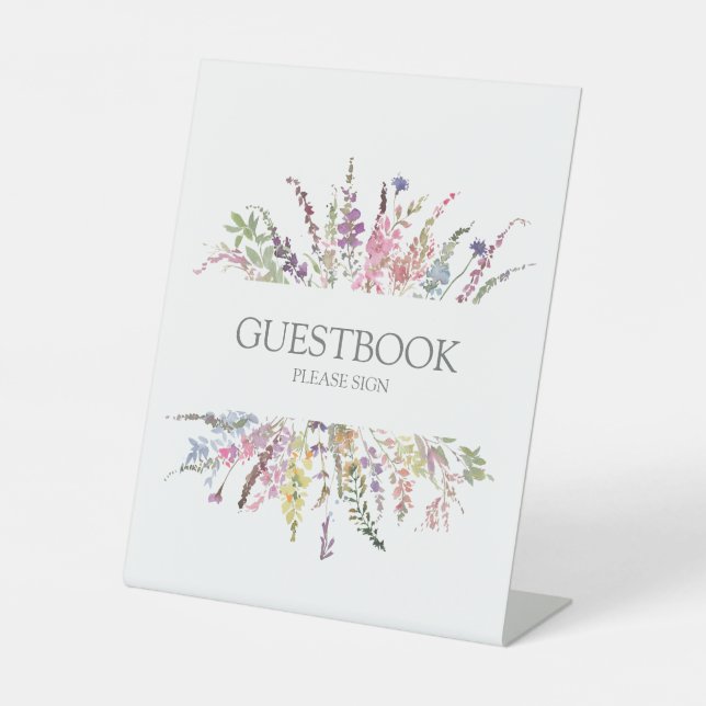 Trendy Elegant Wildblume Floral Wedding Gästebuch Sockelschild (Vorderseite)
