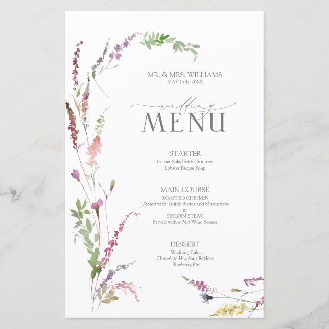 Trendy Elegante Wildblume Floral Wedding Menu (Vorderseite)